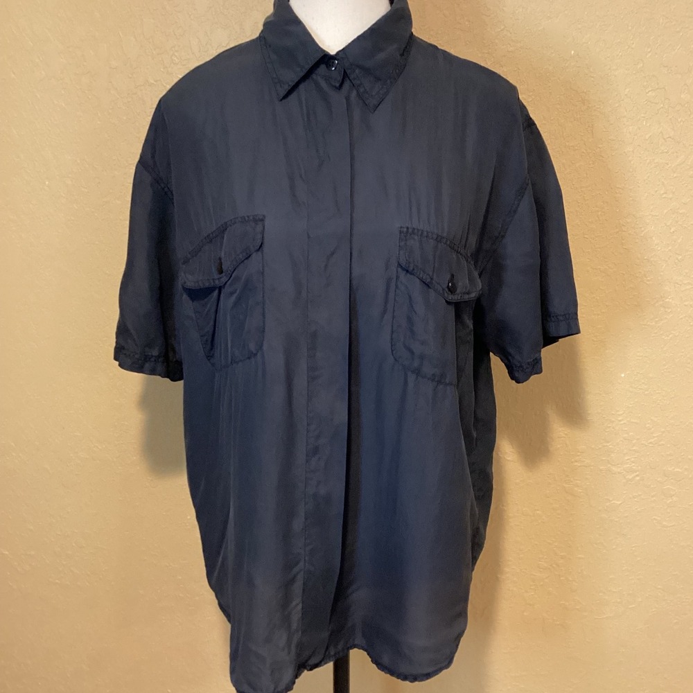 Knit Knit European Brand 100% Silk Black Collared Button Up Top, Women's Medium